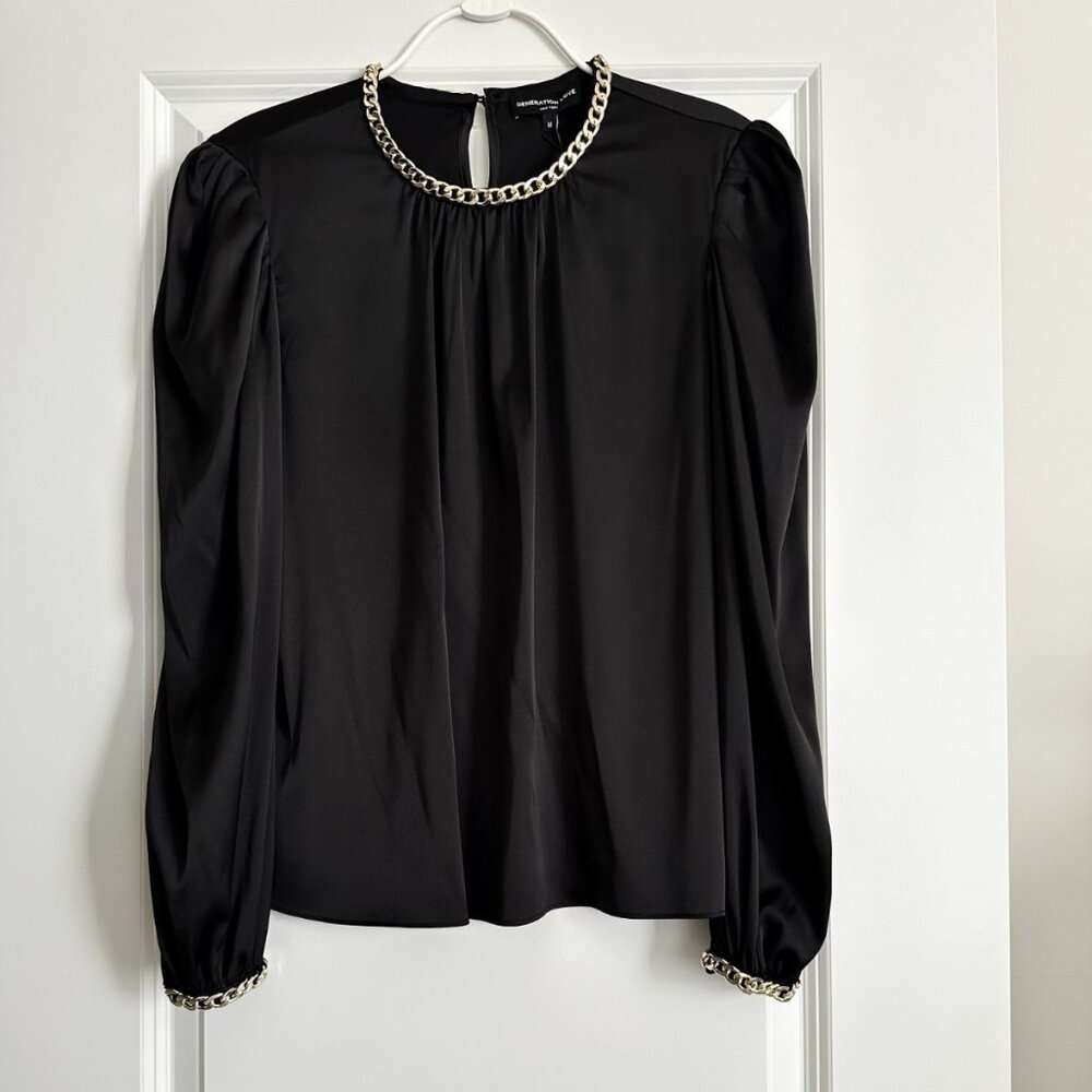 NWT GENERATION LOVE Black Satin Perry Gold Chain Blouse Size M